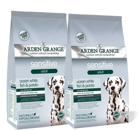Arden Grange 2 x 12kg 2 Bag Deal Adult Dry Dog Food Sensitive Ocean White Fish & Potato